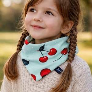 Triangular scarf with cherries, turquoise, green, and red jersey design, bib, loop scarf, neckerchief for babies, children, and toddlers
