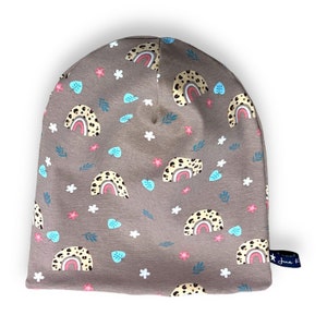 Beanie hat &quot;LeoLeaves&quot; reversible beanie hat loop Juna children&#39;s fashion taupe rose old pink leopard print leoprint leaves hearts rainbow