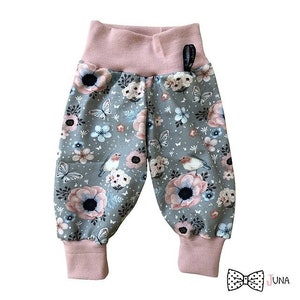 Pumphose &quot;FlowerGarden“ Baby Pants Birds Flowers Floral Rose Old Pink Grey 62 68 74 80 86 92 98 104 110 116 122 128 Juna Children&#39;s Fashion Baby Pants