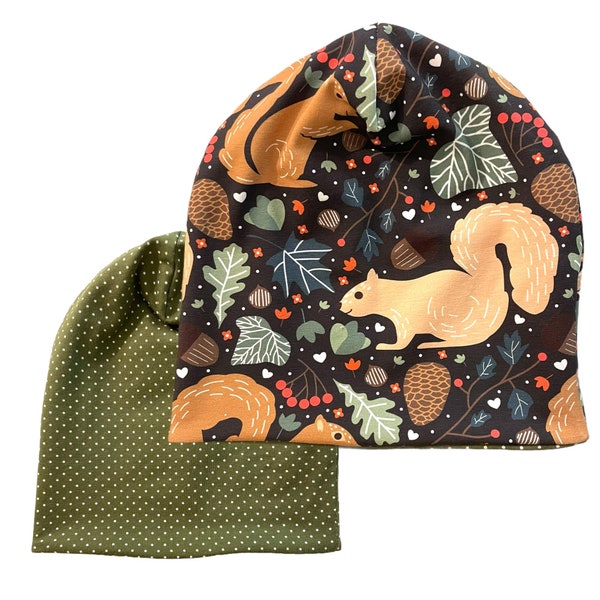 Beaniemütze "SquirrelsAndNuts" | Wendebeanie | Beanie | Mütze | Loops passend im Shop | Juna Kindermode | Waldtiere Eichhörnchen Khaki Braun