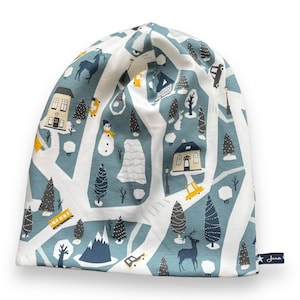 Beaniemütze "Dusty Snow" Winter Wunderland Schnee Weihnachtsdorf Rauchblau Hellblau Wendebeanie Beanie Mütze Loop im Shop | Juna Kindermode