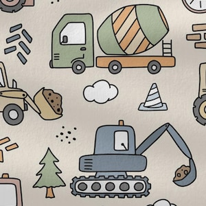 Cotton jersey construction vehicles excavator construction site fabric jersey sold by the meter beige khaki in-house production Juna children&#39;s fashion cotton fabric DIY