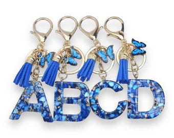 Personalized keychain letter A B C D E F G H I J K L M N O P R S T U V W X Y Z Glitter Blue Pendant Gift Butterfly