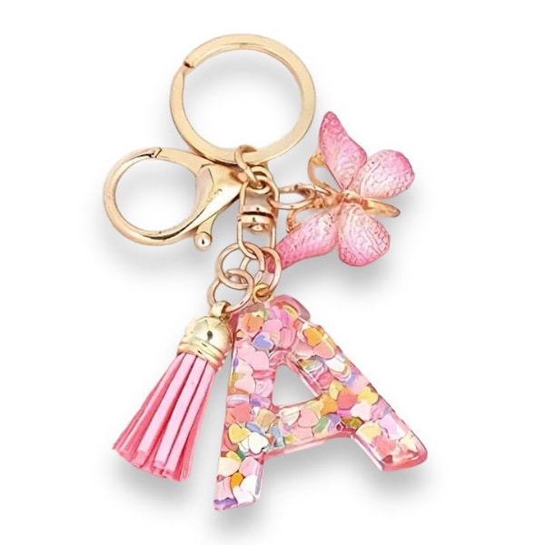 Keychain personalized letter A B C D E F G H I J K L M N O P R S T U V W X Y Z Glitter pink pendant gift butterfly