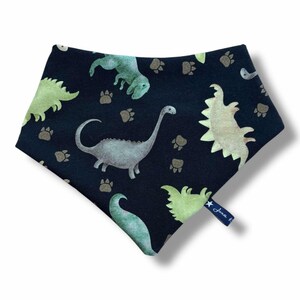 May include: Black bandana with a dinosaur print. The bandana features green, blue, and gray dinosaurs on a black background. The bandana has a small white star with the text "Juna F" on it.
