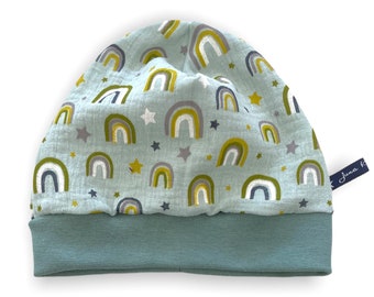 Musselinmütze Bündchenmütze Sternchen und Regebogen Mint Wendebeanie | Beanie | Mütze | Loops passend im Shop | Juna Kindermode Double Gauze
