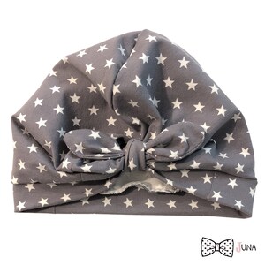 Turban "GreyStars" | Turban | Czapki | Kapelusz | Węzeł kapelusz | Moda dziecięca Juna| Gwiazdy gwiazdki biały szary 37 39 41 43 45 47 49 51