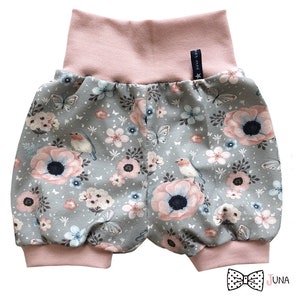 Short bloomers &quot;FlowerGarden&quot; baby pants flowers birds butterfly floral 62 68 74 80 86 92 98 104 110 116 122 128 Juna Altroa Gray Shorts