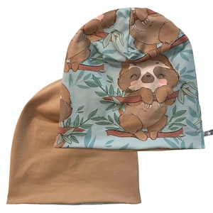 Beaniemütze "PootySloth" | Wendebeanie | Beanie | Mütze | Loop passend im Shop | Juna Kindermode | Faultier Türkis Mint Hellbraun