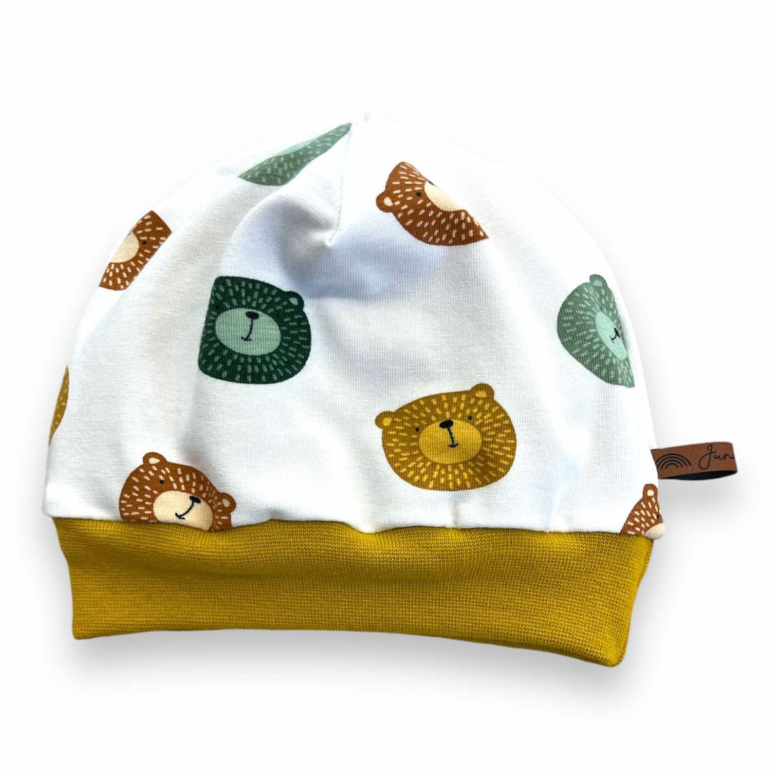 Bündchenmütze "Teddy" Wendebeanie Beanie Mütze Loops passend im Shop Juna Kindermode Teddys Bär Teddybär Teddybären Braun Ocker Weiß Khaki