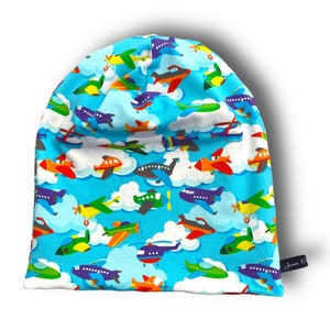 Beanie hat &quot;Flying Machines&quot; airplanes plane helicopter sky sky blue turquoise red reversible hat beanie 37 39 41 43 45 47 49 51 53 55