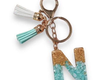 Keychain personalized letter A B C D E F G H I J K L M N O P R S T U V W X Y Z glitter blue gold pendant gift personal