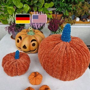 Könnte beinhalten: Eine Sammlung von Kürbissen, bestehend aus einem großen orangefarbenen Samtkürbis mit blauem Stiel, einem mittleren Samtkürbis mit blauem Stiel, drei kleinen gehäkelten Kürbissen und einem Keramik-Kürbis mit grünem Stiel.