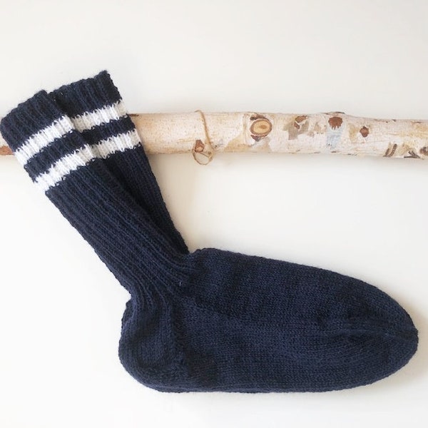 Socken  4-fach  Nachtblau  Weiß  Tennissocken  Streifen  Ringel  handgestrickt  Größe wählbar!