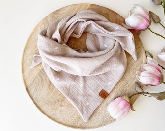 Mousseline sjaal 'HARTJES' om te knopen, driehoekige sjaal voor baby/kind, dubbellaagse halsdoek, beige, maat naar keuze!
