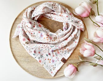 Muslin scarf 'SMALL FLOWERS' for tying, baby/child triangular scarf, double-layered neckerchief, white, size selectable!
