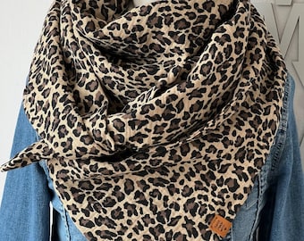 Bufanda de muselina XXL 'LEO PRINT' Bufanda triangular para adultos Bufanda de cuello de doble capa beige
