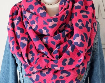XXL Muslin Scarf 'PANTHER' Adult Triangle Scarf Double Layer Neck Scarf Fuchsia