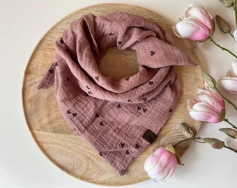 Musselin Tuch  'SMALL HEARTS'  zum Knoten  Baby  Kind  Dreieckstuch  doppellagig Halstuch  Mokka  Größe wählbar!