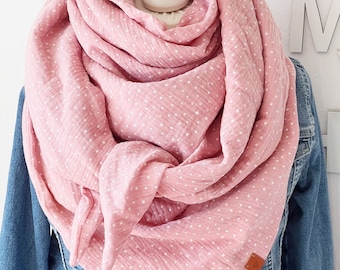 XXL Muslin Scarf 'Pünkttchen' Adult Triangle Scarf Double Layer Neck Scarf Pink