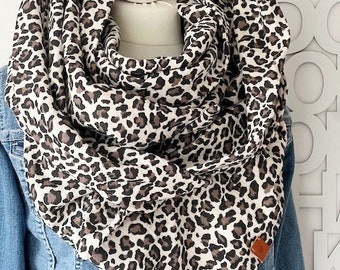 Bufanda de muselina XXL 'LEO PRINT' Bufanda triangular para adultos Bufanda de cuello de doble capa Natural