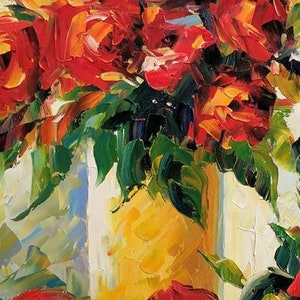 Rote Blumen in Vase Ölgemälde handgemalt Bild 2