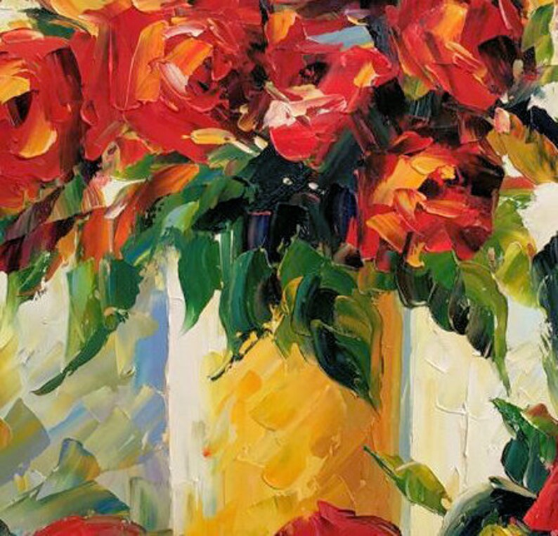 Fleurs rouges dans un vase peint à la main peinture à lhuile image 2