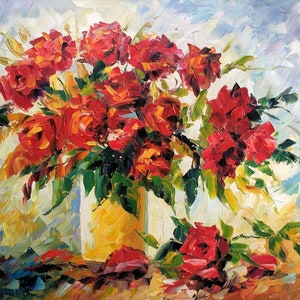 Rote Blumen in Vase Ölgemälde handgemalt Bild 1