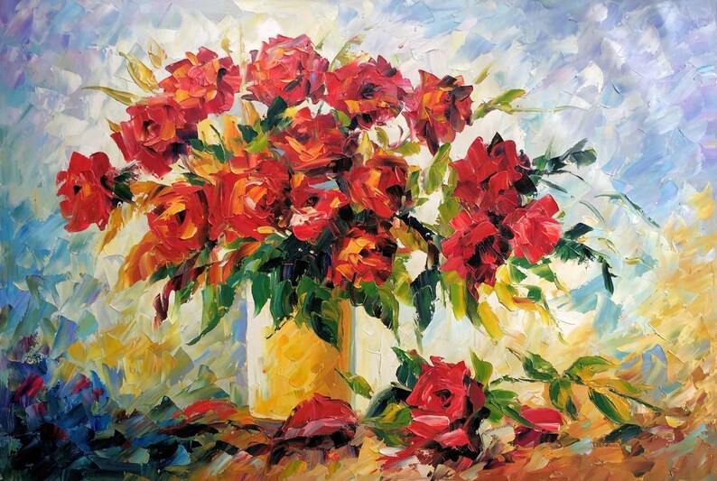 Rote Blumen in Vase Ölgemälde handgemalt Bild 1