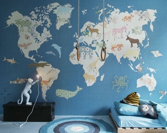 World map-Children's room wallpaper made of fleece