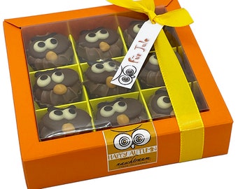 9 Eulen Cupcakes aus gefüllter Schokolade, Brownie Creme Füllung, Schokolade, Geschenk, Verpackung, Herbst, personalisierbar