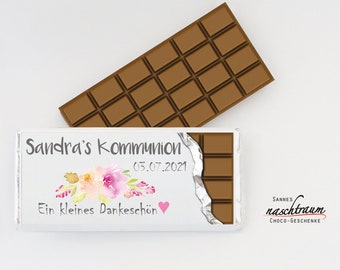 10 tablettes de chocolat « Fleurs de Communion/Confirmation », chocolat personnalisé, communion cadeau, confirmation cadeau invité