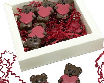 12 Bärchen mit Herz aus Schokolade, Geschenk, Verpackung, Schokokoladen Geschenk, Geburtstag, Muttertag, Valentinstag, Hochzeit, Herz