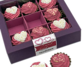 9 hjärtformade cupcakes, mors dag-present, alla hjärtans dag, födelsedag, bröllop, choklad, praliner, presentinslagning, personlig