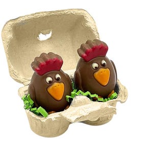 2 Hühner in Eierverpackung, Schokolade, Ostern, Osternest, Huhn, Osterhase, Osterschokolade, Geschenkverpackung, Ostergeschenk