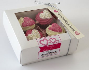 4 Herz Cupcakes, Muttertagsgeschenk, Valentinstag, Geburtstag, Hochzeit, Schokolade, Pralinen, Geschenkverpackung, Pralinenstange