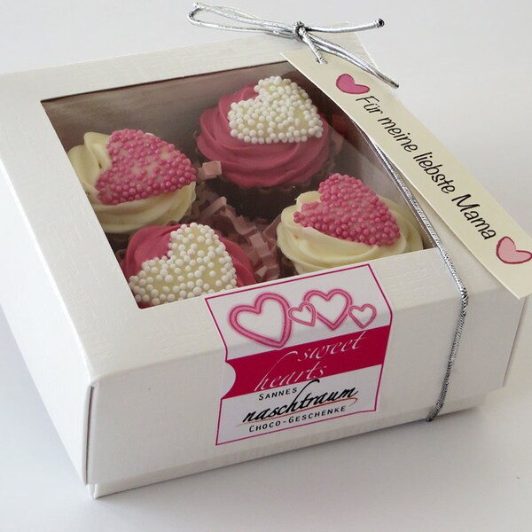 4 Herz Cupcakes, Muttertagsgeschenk, Valentinstag, Geburtstag, Hochzeit, Schokolade, Pralinen, Geschenkverpackung, Pralinenstange