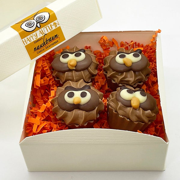 4 Eulen Cupcakes aus gefüllter Schokolade, Brownie Creme Füllung, Schokolade, Geschenk, Verpackung, Herbst, personalisierbar