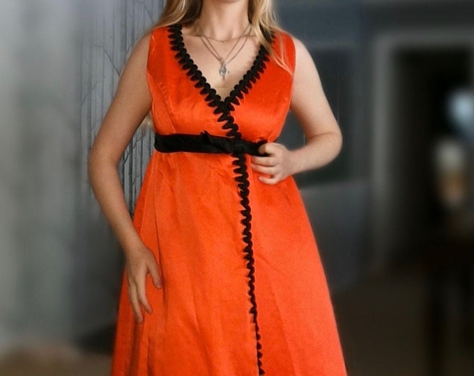 Size XS Vintage 1960/'s Orange And Black Heavy Satin Maxi Dress