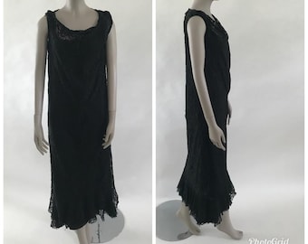 Vintage Late 1920s Early 1930s Black Lace Dress with Ruffles Gathers