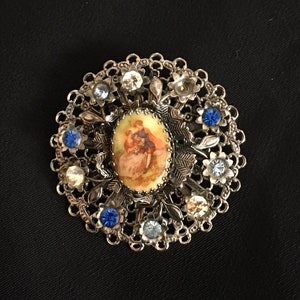 Vintage Silver Cameo Portrait Pin, Brooch Rhinestone