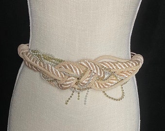 Vintage Ivory Braided Gold Medallion Disc Beaded Rope Belt 