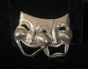 Vintage 1980’s little gold comedy and tragedy theatre masks brooch pin