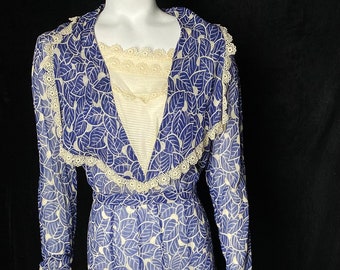 Vintage 1930’s sheer blue and white leaf motif dress, size medium large