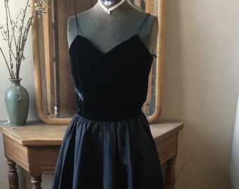 Vintage 1950s Black Velvet Party Dress with Spaghetti Straps, Size Small