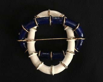 Vintage Mimi di N White, Blue, Gold Pin, Brooch Circles