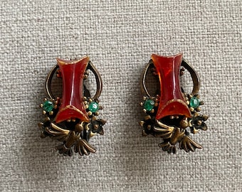 Vintage 1930'S 1940'S REd GReen ANd BRonze CLip ON BIrd EArrings