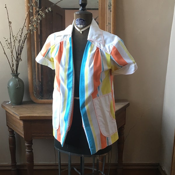 Vintage 1970's White, Blue, Yellow, Orange Short Sleeve Pocket Top, Size Medium by Dorothy Schoelen