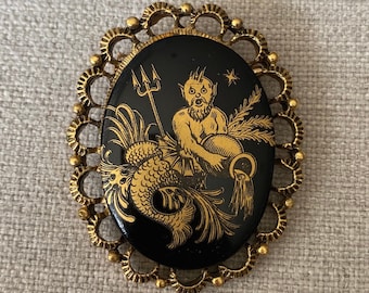 Vintage 1970's Gold and Black Merman Mermaid Poseidon Water Pourer Zodiac Pin, Brooch with Trident