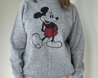 Moletom vintage cinza de gola redonda do Mickey Mouse dos anos 80, tamanho grande